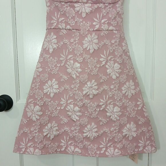 Coquette Pink Floral Jacquard Mini Dress Lace Up Corset Back Sexy Romantic NWT L - Picture 5 of 16